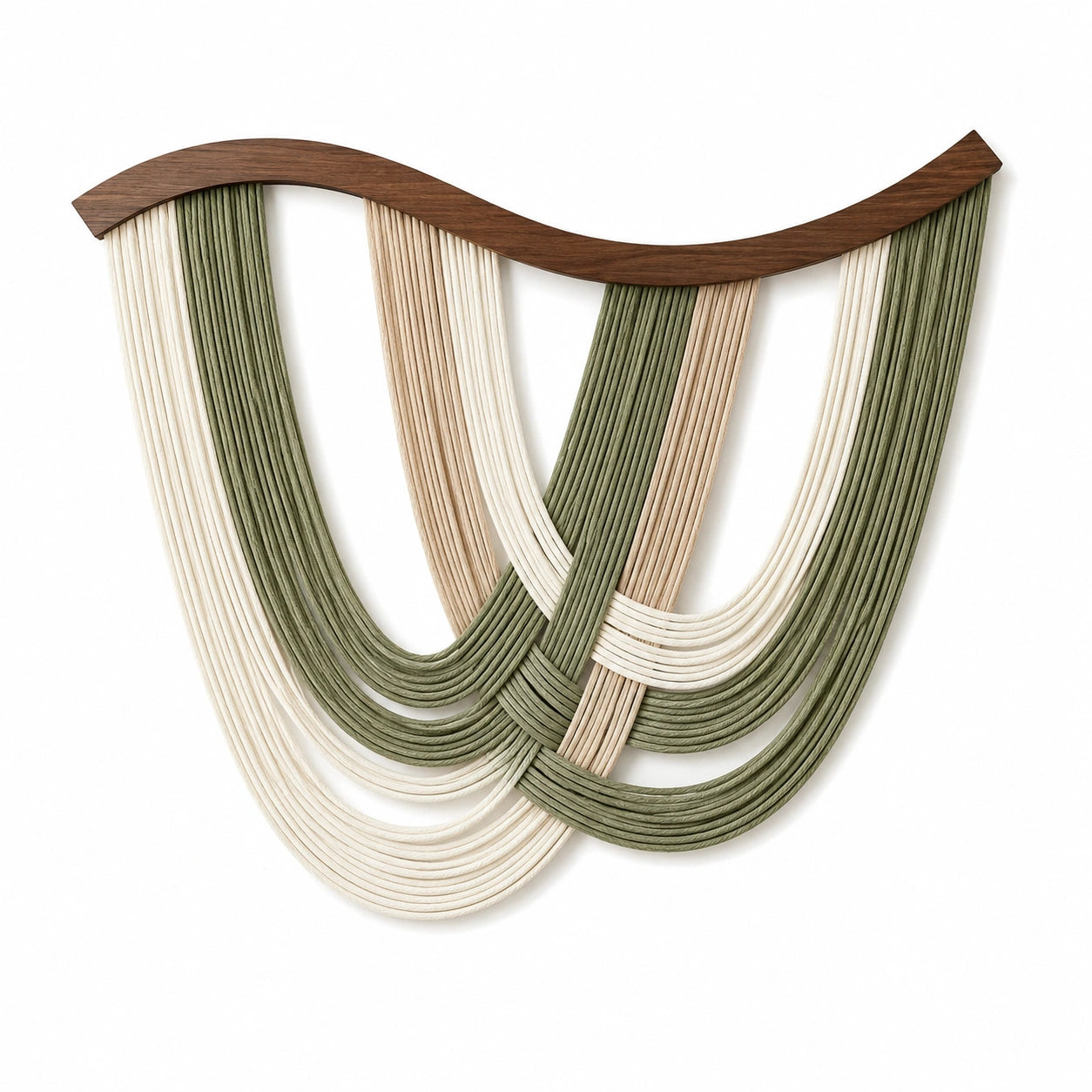 Makramee Wandteppich 100 x 95 cm aus Baumwollkordel in Grün Creme Beige mit Holzleiste