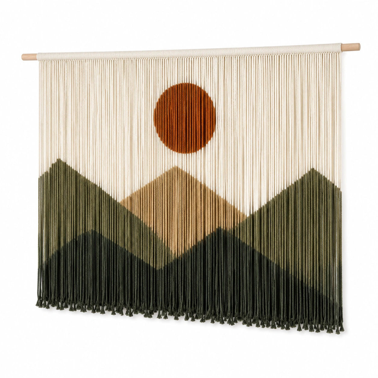 Makramee Wandteppich 90 x 110 cm aus Baumwolle mit Holzstab Bergmotiv