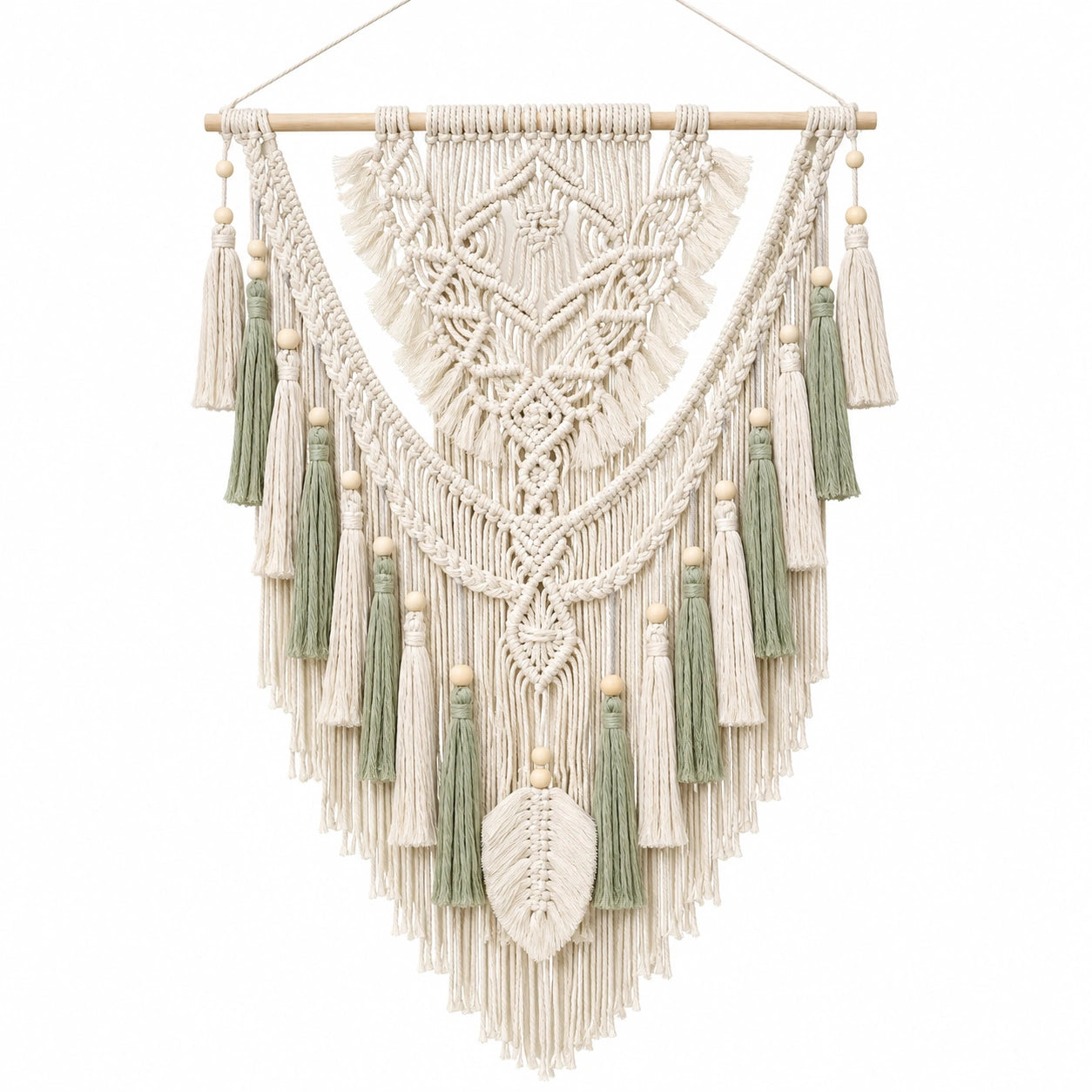 Makramee Wandbehang 80 x 110 cm aus Baumwollkordel in Creme/Salbeigrün mit Holzstab Boho Dekoration