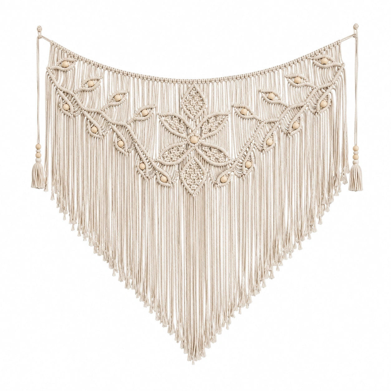 Makramee Wandteppich 100 x 95 cm Baumwolle Beige mit Holzperlen Boho Wanddekoration