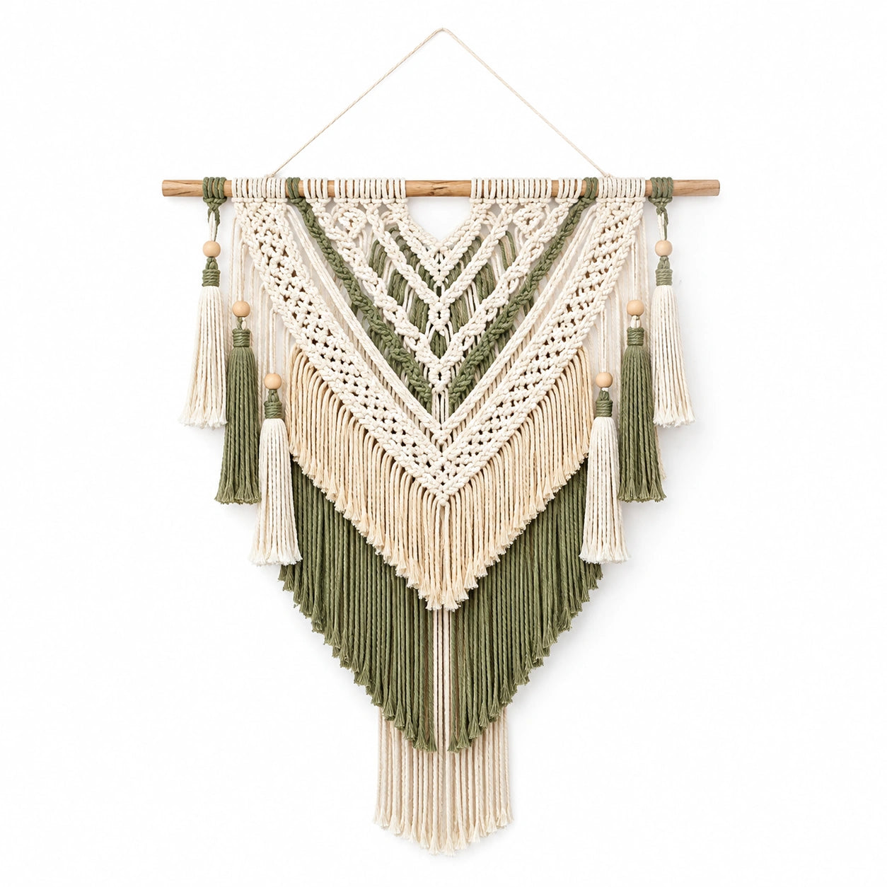 Makramee Wandbehang 50 x 90 cm aus Baumwolle in Creme Grün mit Holzstab Boho Dekoration