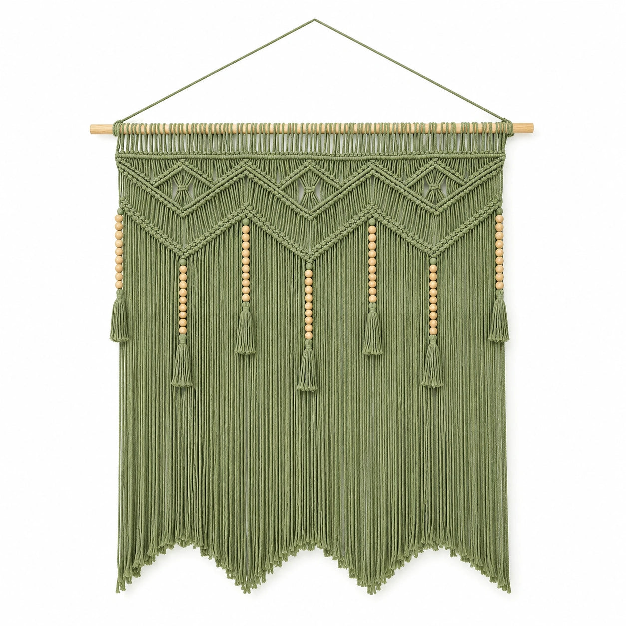 Makramee Wandbehang 70 x 100 cm Baumwolle Grün mit Holzstab Boho Dekoration