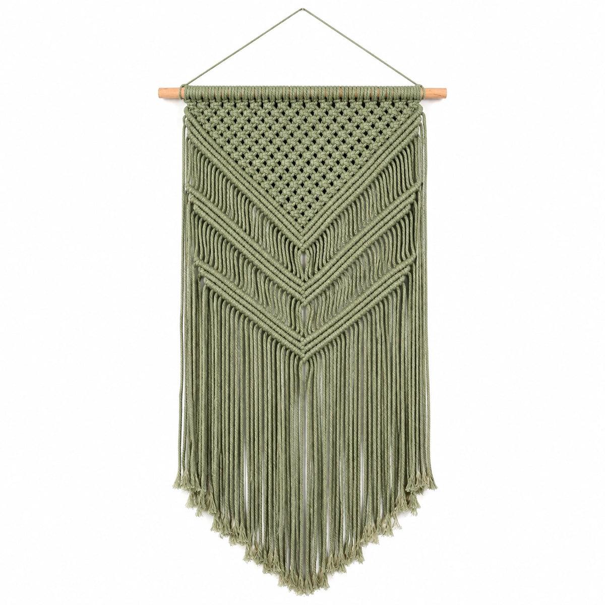Makramee Wandbehang 45 x 100 cm aus Baumwollkordel Grün mit Fransen im Boho-Stil