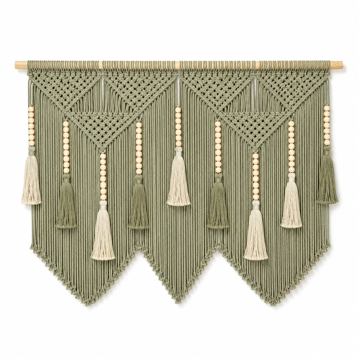 Makramee Wandteppich 120 x 100 cm Baumwolle Grün Beige mit Holzstab im Boho Stil