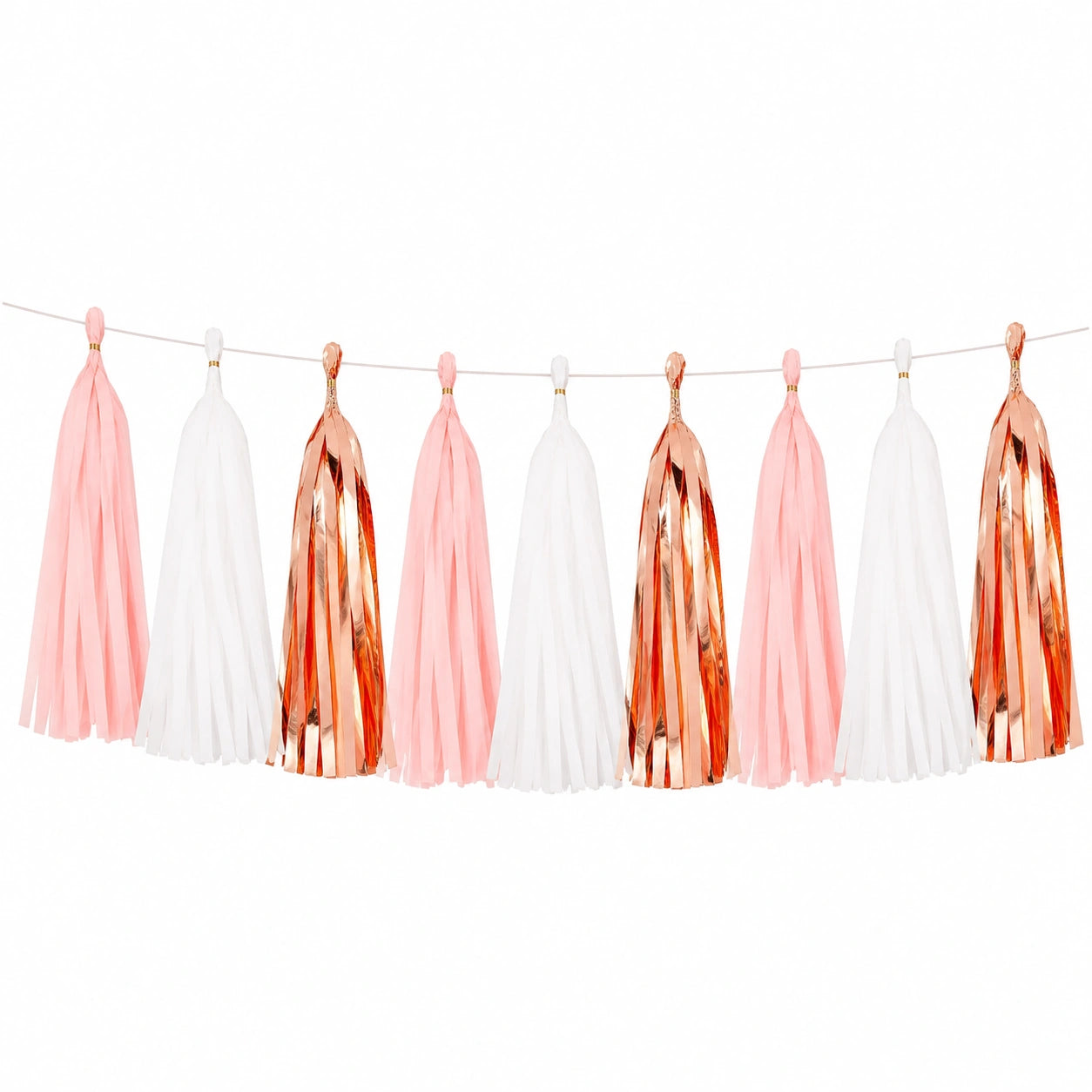Quastengirlande 150 cm Rosa Weiß Roségold aus Papierfolie für Partydekoration