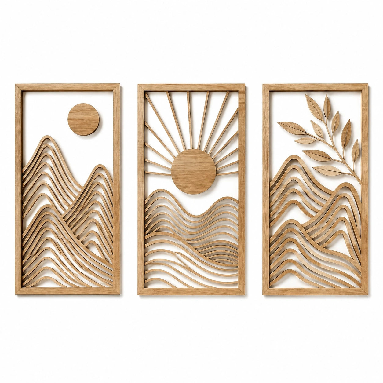 Wanddekoration 3er Set 30 x 70 cm Holz Natur Bergmotiv Reliefdesign