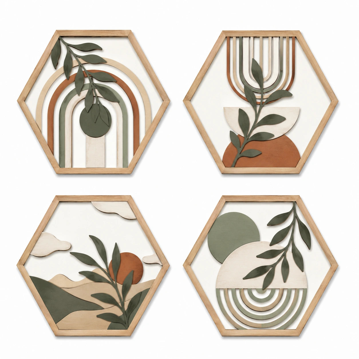 Holz Wanddekoration 30 x 35 cm Natur Grün Terrakotta geometrisches Pflanzenmotiv 4er Set