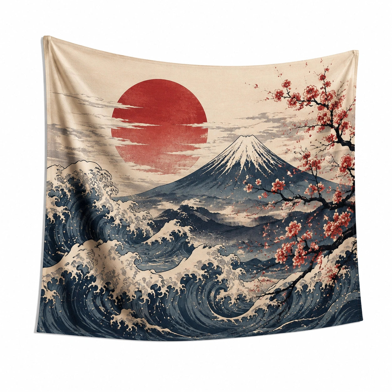 Wandteppich 150 x 130 cm aus Polyester Beige Blau Rot mit Wellen Berg und Blütenmotiv