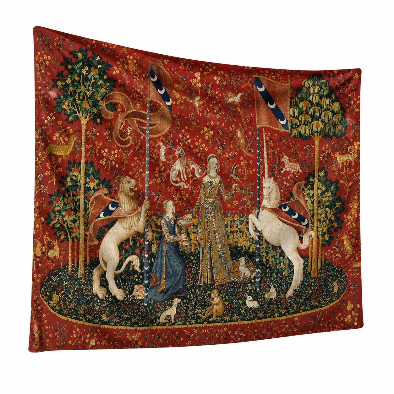 Wandteppich 150 x 130 cm Textilgewebe Rot mit Figuren- und Tiermotiv für Wanddekoration