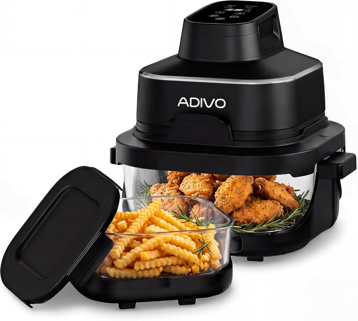 ADIVO Frytkownica beztłuszczowa, air fryer, 5 l – 1500 W, Biały, Zmywarka, mobilne – kempingowe, Air Frystiller in 4 l / 1.5 l przenośny Glass